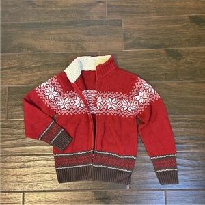 Gymboree Fair Isle Red Brown Snowflake Zip Cardigan Sherpa Collar 7/8